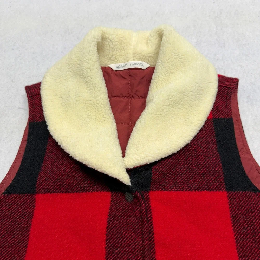 Vintage Woolrich Buffalo Plaid Wool Vest Sherpa Collar Quilt Lined Western Large